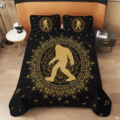 Close-up view of Bigfoot bedding showcasing glowing golden amber moon, pine trees, and Sasquatch silhouette