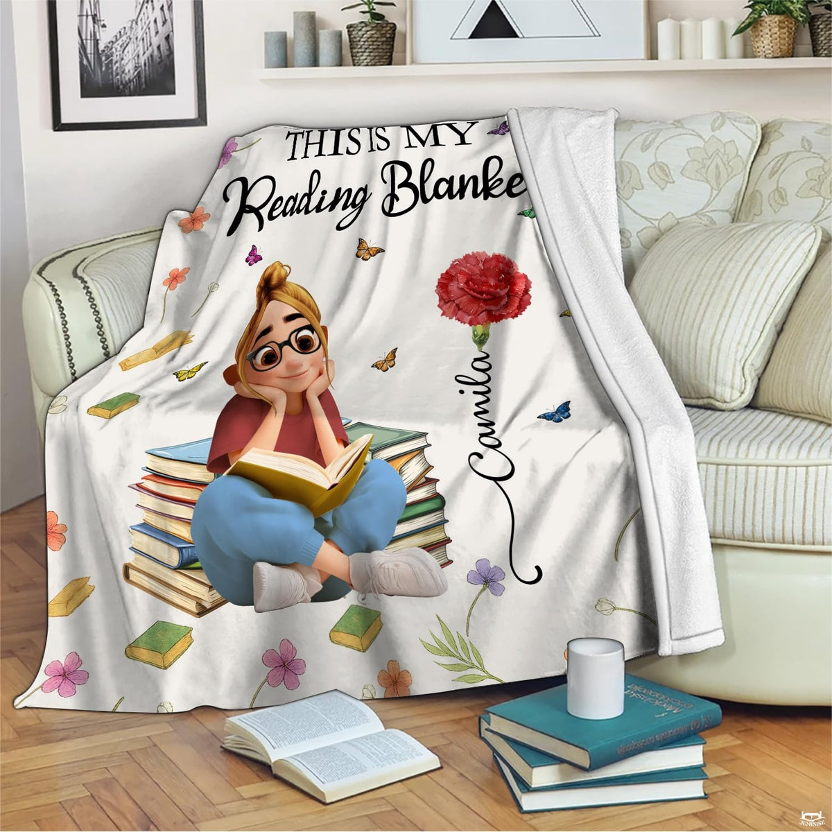 Customization guide for the carnation reader girl throw blanket showing multiple character hair and skin options.