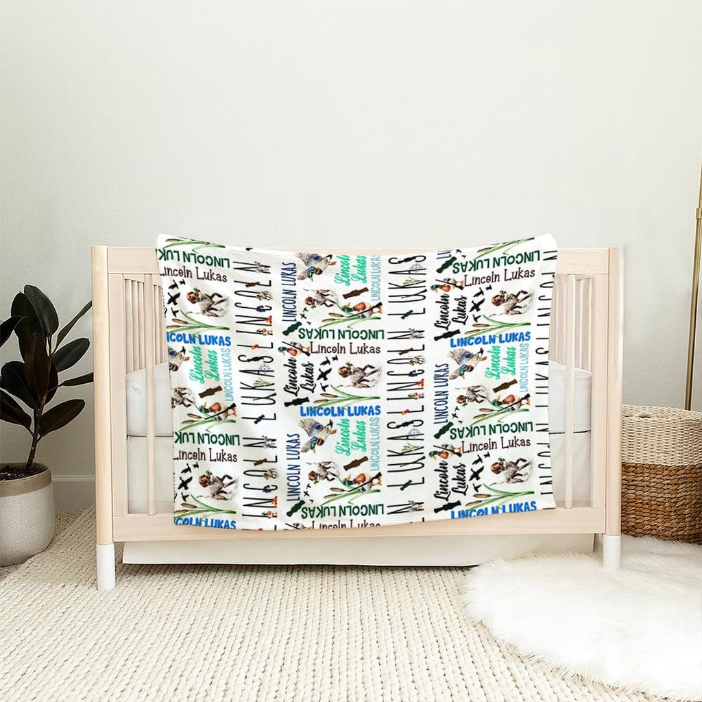 Duck hunting sheets visual pattern with sporting dogs, shotgun silhouettes, and green marsh reeds.