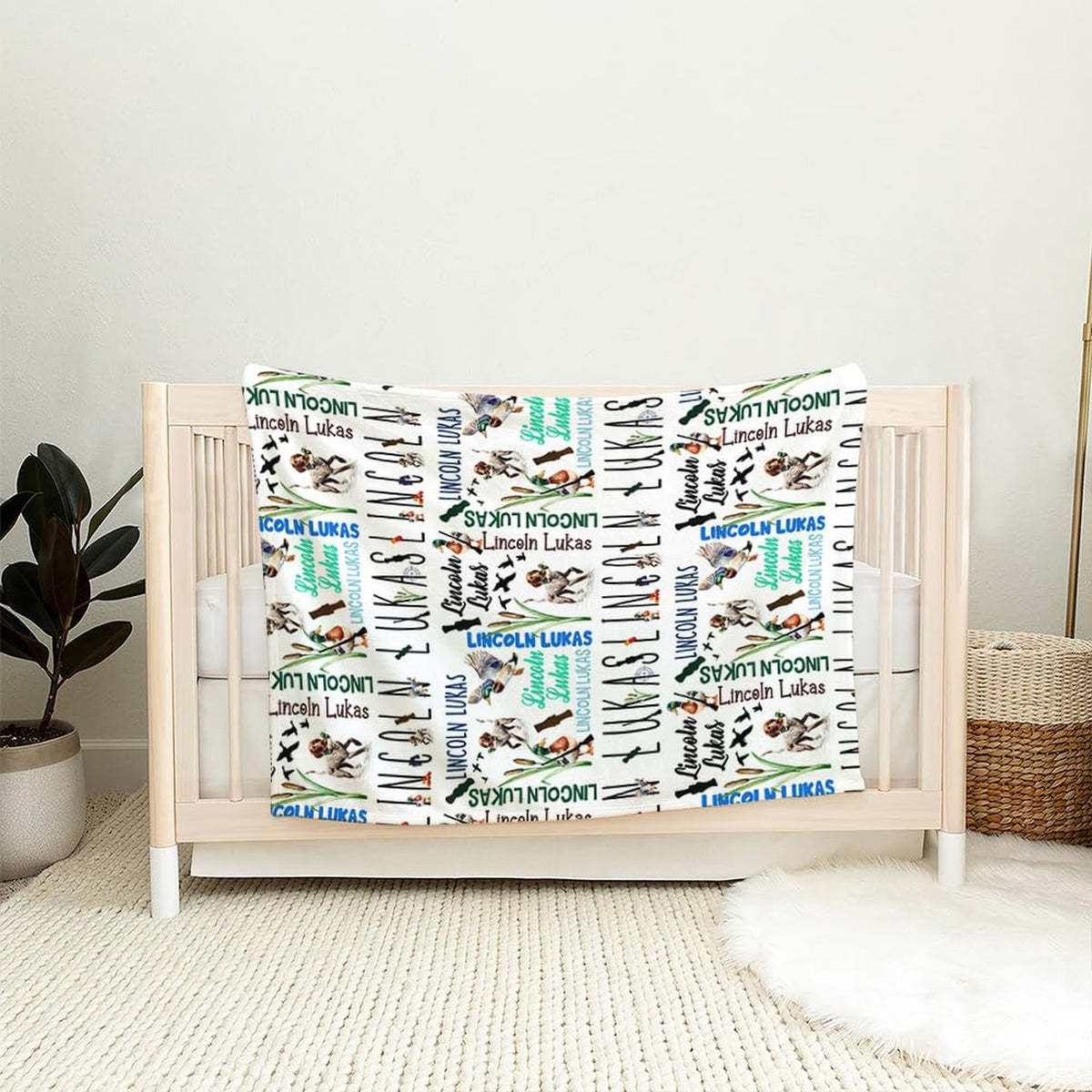 Duck hunting sheets visual pattern with sporting dogs, shotgun silhouettes, and green marsh reeds.