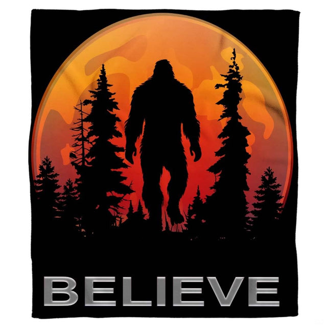 Full flat graphic layout of Sasquatch throw blanket featuring glowing harvest moon and evergreen trees.