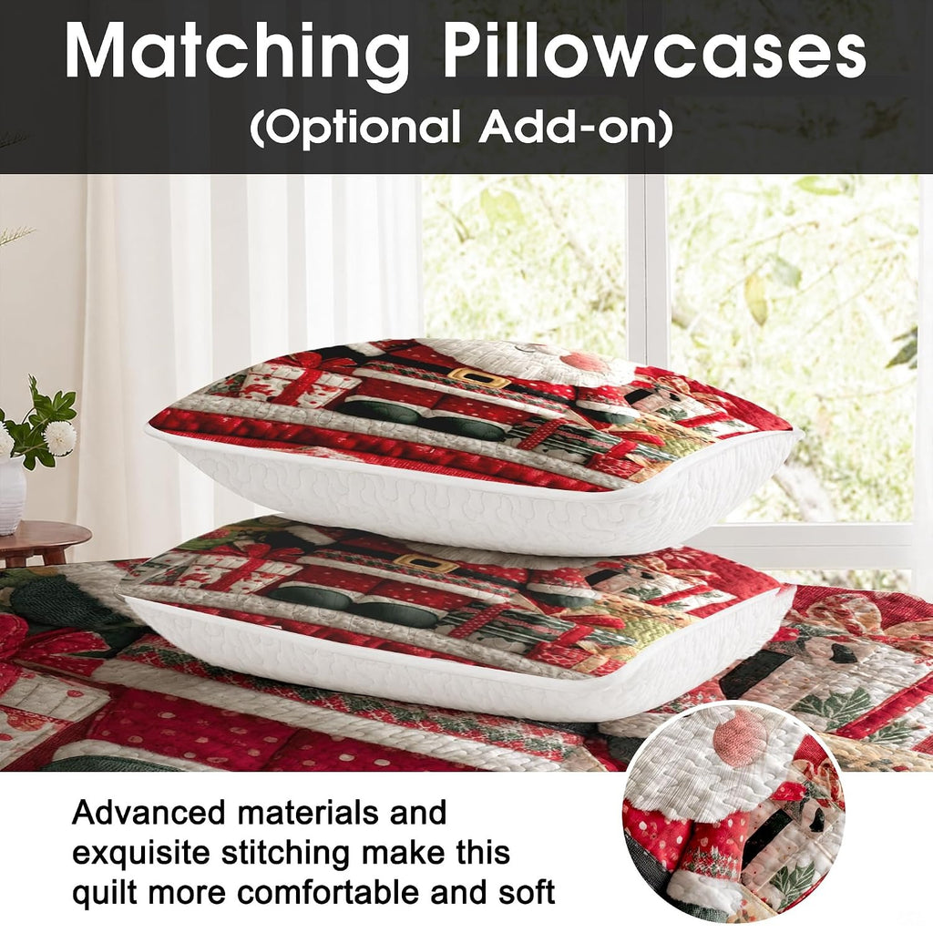 Charming Santa Claus bedding set decor featuring gift boxes, golden star topper, and crisp snowflake patterns.