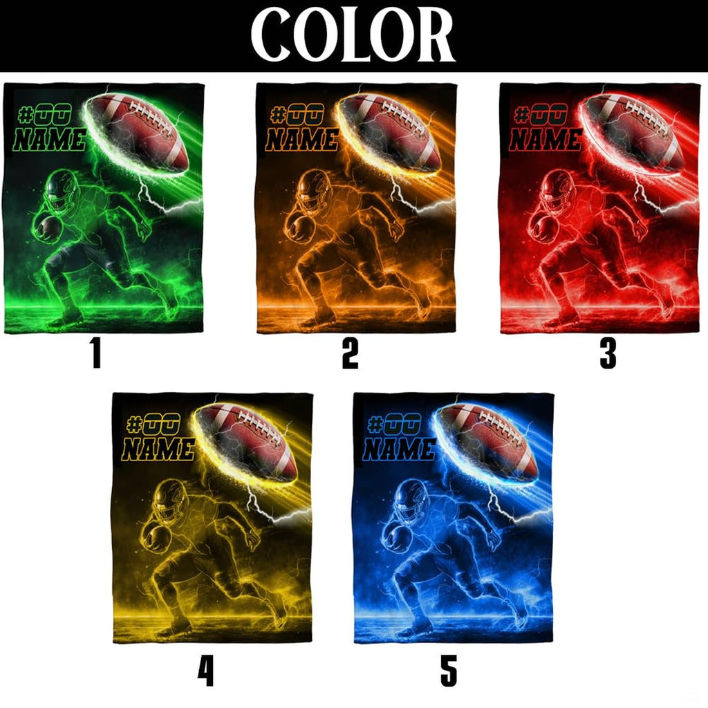 Neon green football throw blanket view 4 highlighting laser outline player, electric lightning, and glowing gridiron