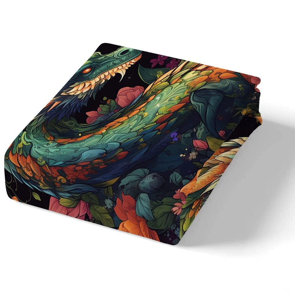Corner angle of fantasy bedding highlighting rich black backdrop and vivid floral petal printing clarity