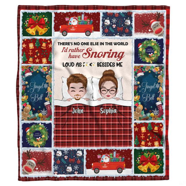 Christmas holiday couple throw blanket view 2 highlighting cartoon couple, holiday patches, and red plaid accents