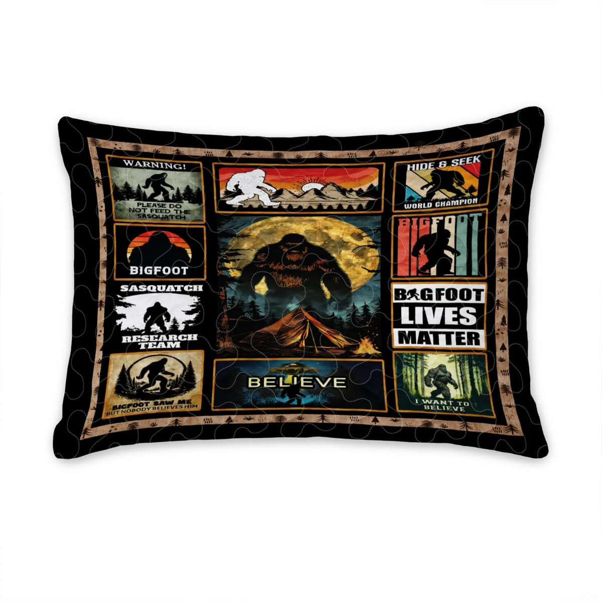 Matching pillow shams displaying miniature forest folklore camping panels on a bedding set