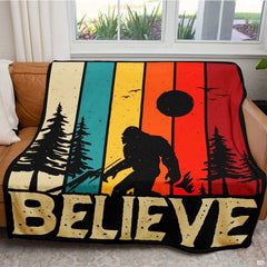 Retro sunset striped silhouette of Bigfoot walking in forest with believe text, view 3.
