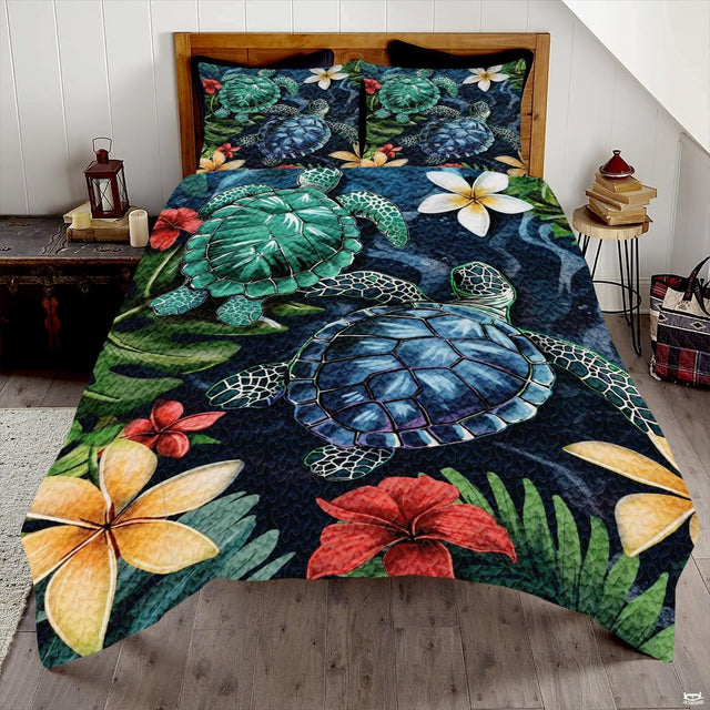 Tropical sea turtle Polynesian tribal bedding set displayed neatly on a bed in a coastal bedroom