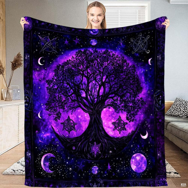 Purple celestial tree of life moon phase pagan blanket showing lunar design view 1