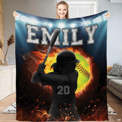 Dynamic female batter artwork displayed over a dark blue nocturnal sports background.