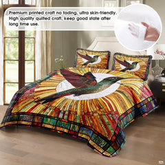 Staged bed showing hummingbird over amber gold and green radial bands