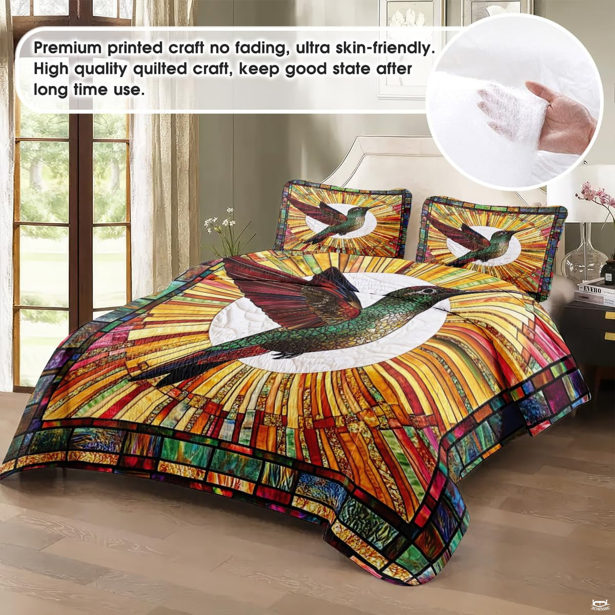 Staged bed showing hummingbird over amber gold and green radial bands