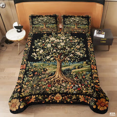 Nature Tree of Life Quilt Set with Blooming Tree and Bedroom And Exposed Roots
