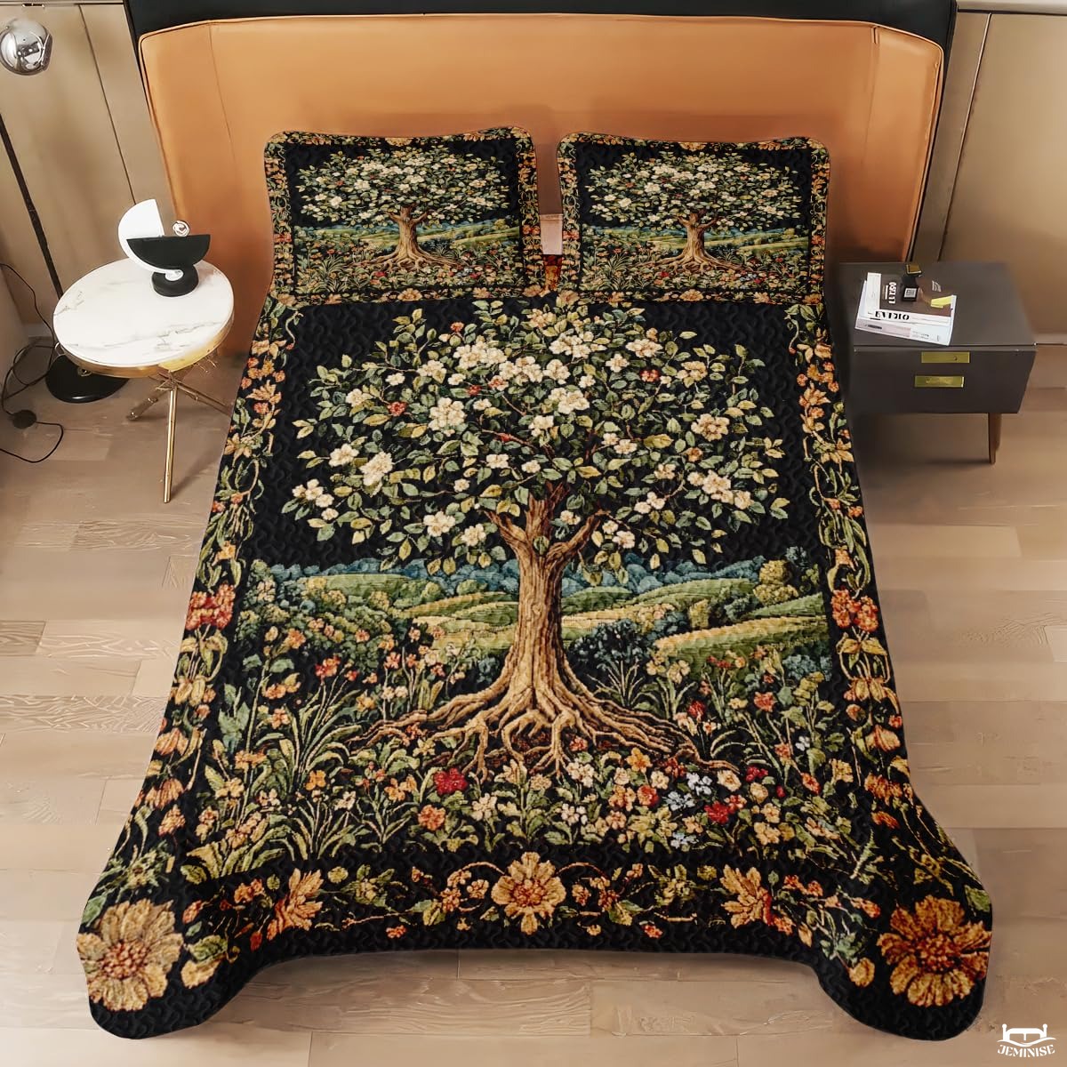 Nature Tree of Life Quilt Set with Blooming Tree and Bedroom And Exposed Roots