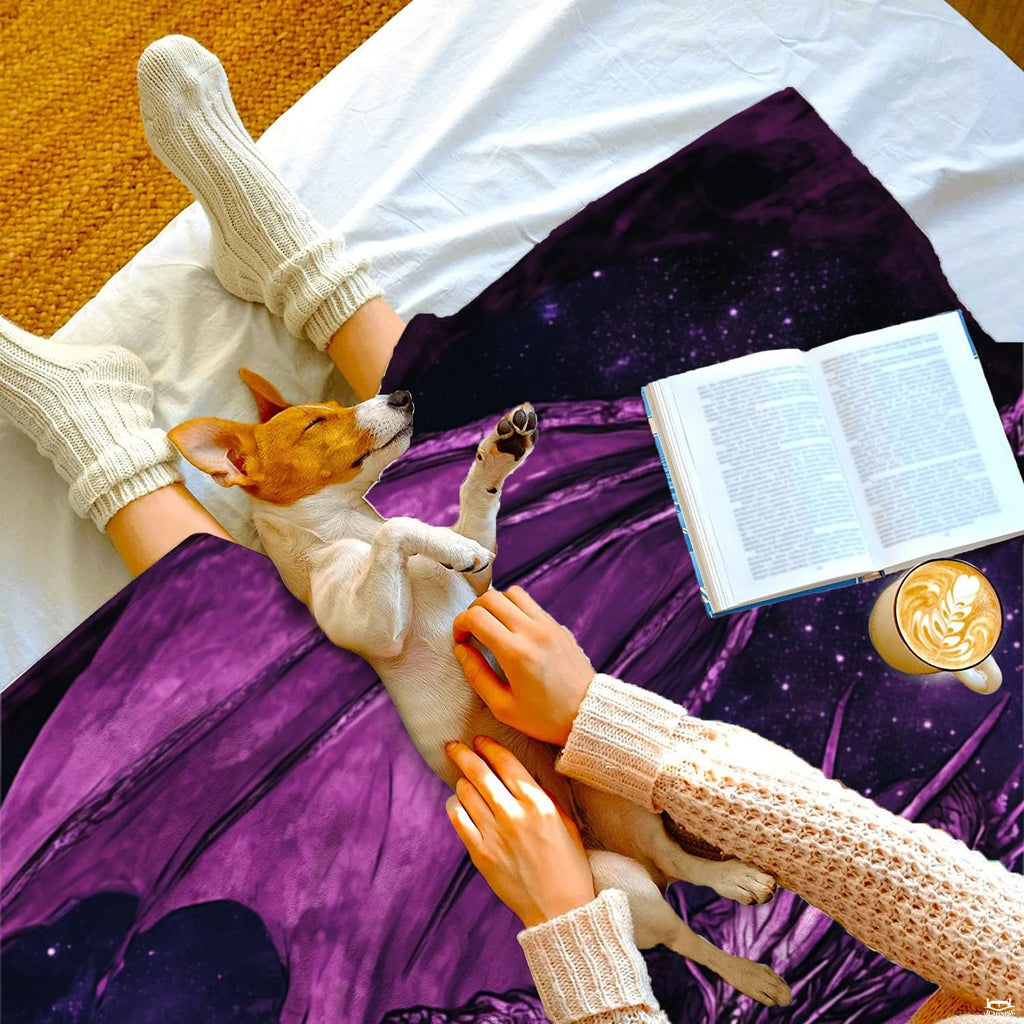Gothic dragon bed frame styling with purple star bedding design