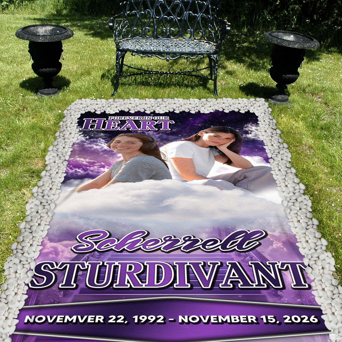 Close-up highlighting graphic sharpness and finished border on the memorial blanket