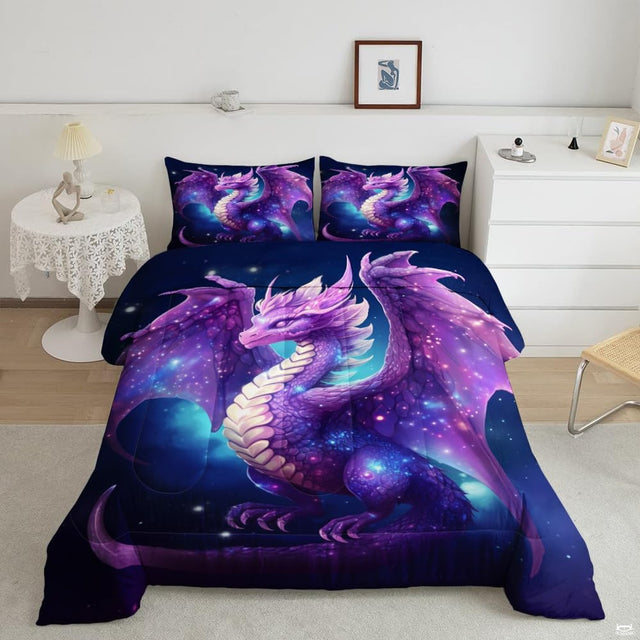 Cosmic galaxy dragon nebula fantasy bedding set displayed neatly on a bed in an adventurous bedroom