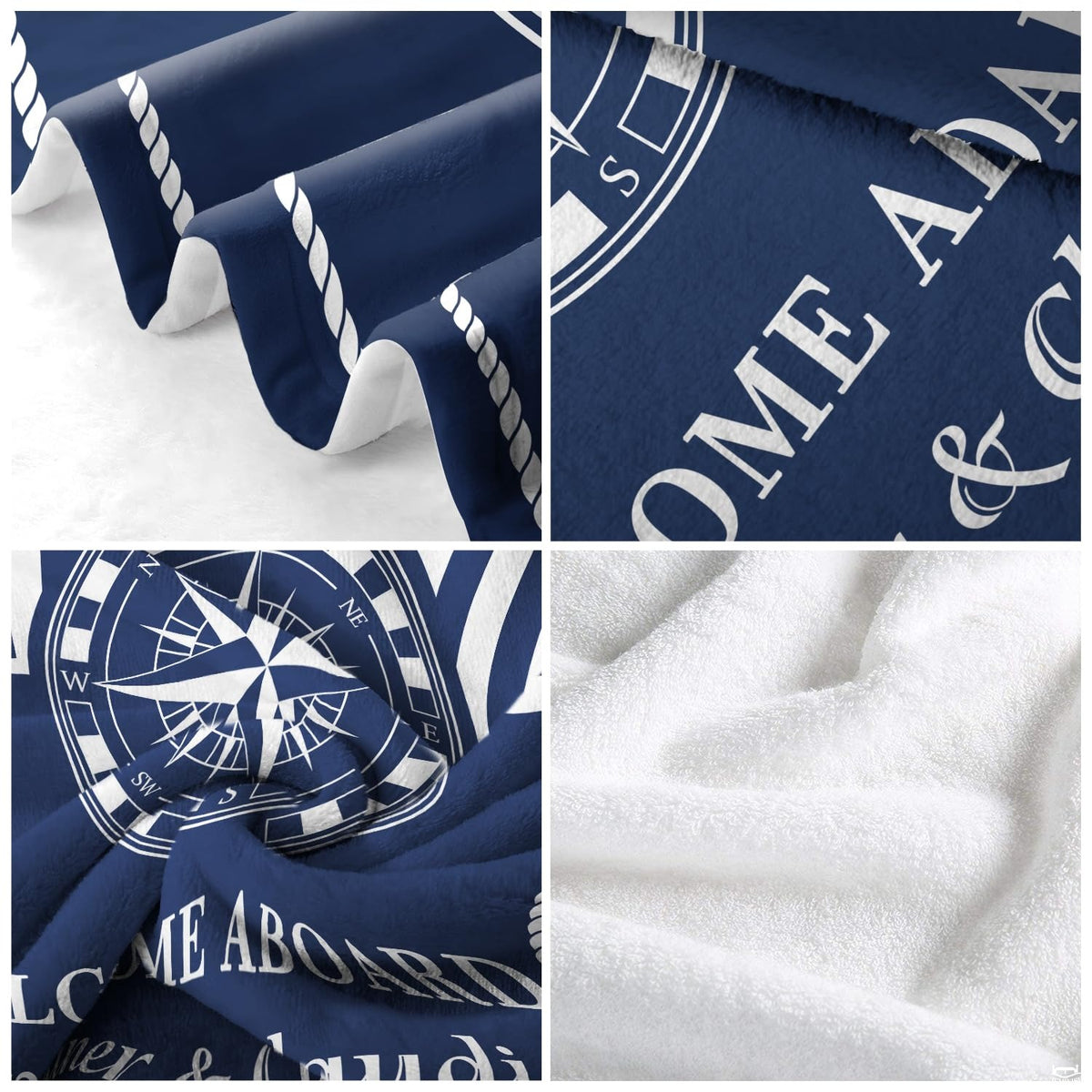 Nautical compass rose throw blanket folded neatly showing navy cabana stripes and rope edge