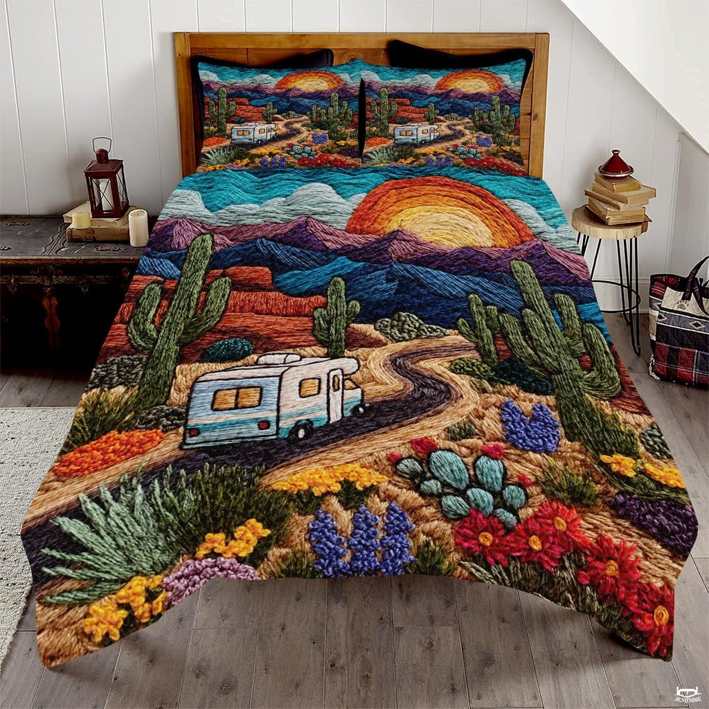 Personalized Colorful Desert RV Sunset Scene Quilt Sets