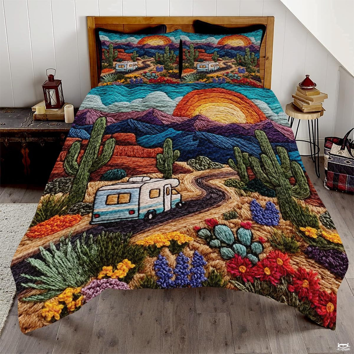 Personalized Colorful Desert RV Sunset Scene Quilt Sets
