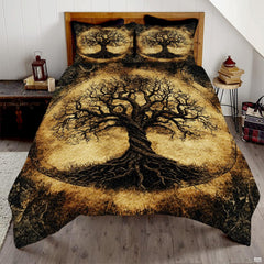 Celtic Tree of Life bedding displaying ancient gnarled tree etching on weathered vintage parchment medallion background
