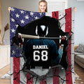 American flag baseball cap and batter artwork displayed on a patriotic bedding set.