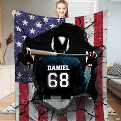 American flag baseball cap and batter artwork displayed on a patriotic bedding set.