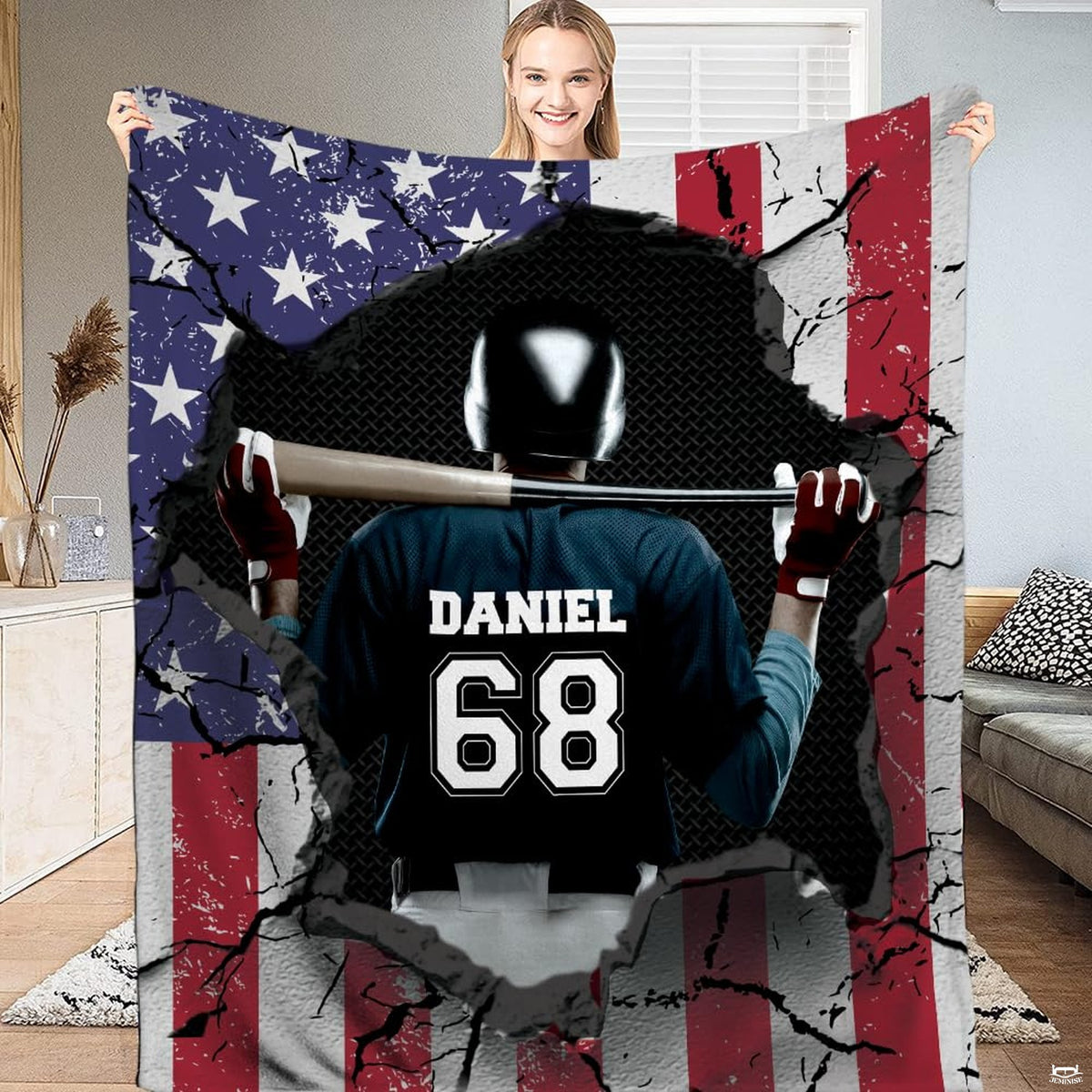 American flag baseball cap and batter artwork displayed on a patriotic bedding set.