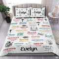 Top-down bedroom perspective displaying scripture faith graphics with matching pillowcases.