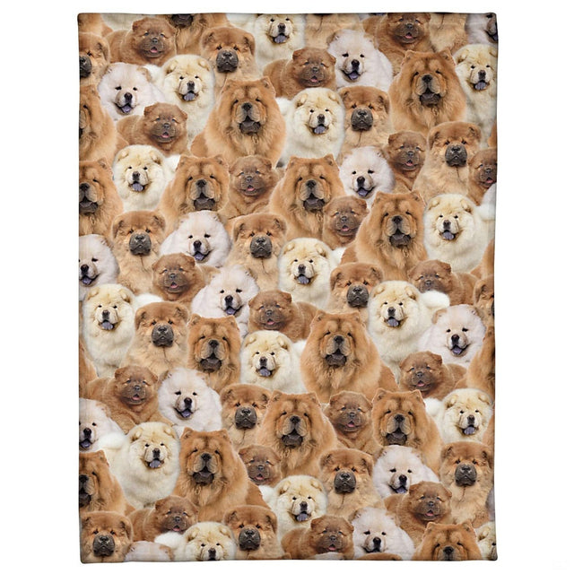 All-over pattern display showing a dense photo collage of smiling Chow Chow portraits.