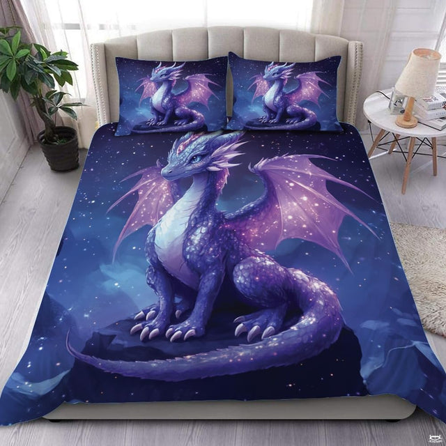 Purple galaxy dragon bedding in a bright bedroom