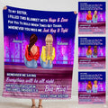 Neon city skyline throw blanket displaying two companions seated on a ledge overlooking glowing skyscrapers.