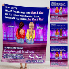 Neon city skyline throw blanket displaying two companions seated on a ledge overlooking glowing skyscrapers.
