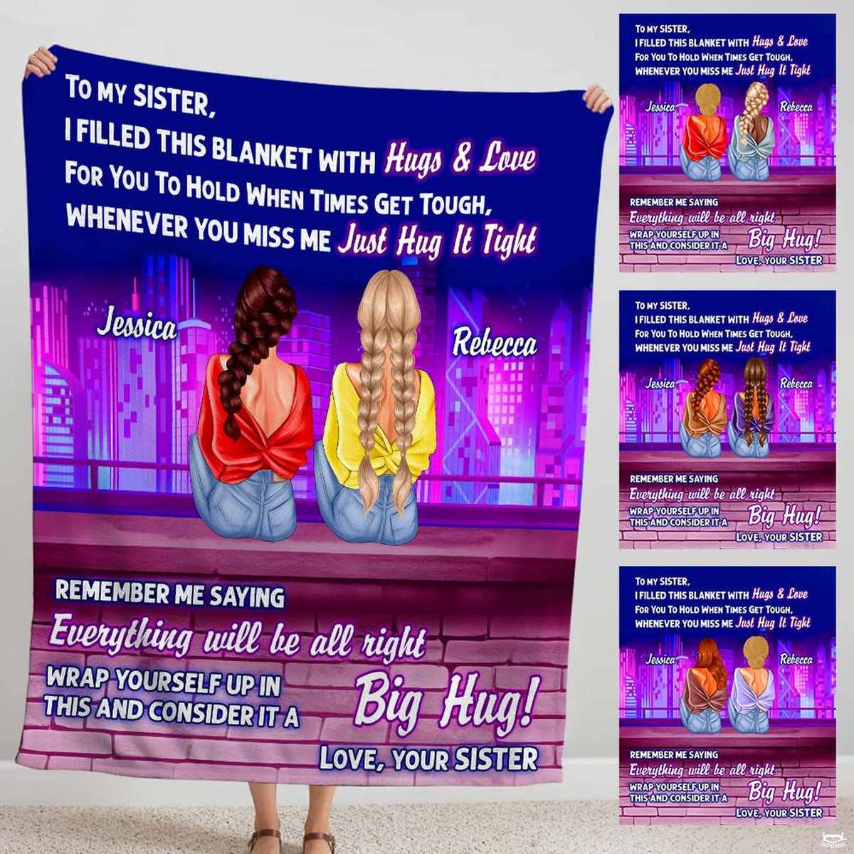 Neon city skyline throw blanket displaying two companions seated on a ledge overlooking glowing skyscrapers.