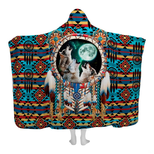 Full frontal layout showing howling wolves inside dreamcatcher ring with turquoise geometric blanket.