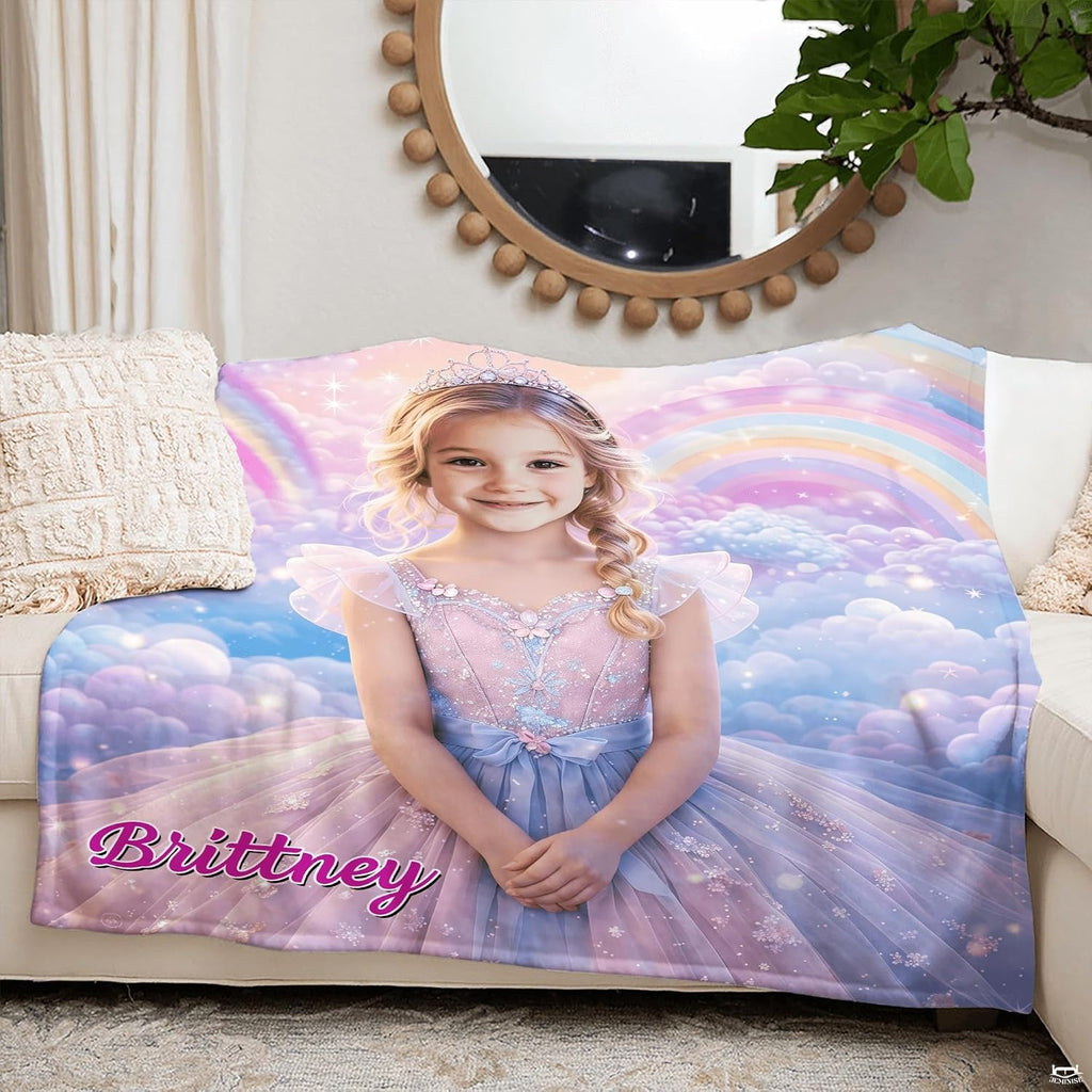 Lifestyle interior setting showing princess photo blanket in a bedroom.