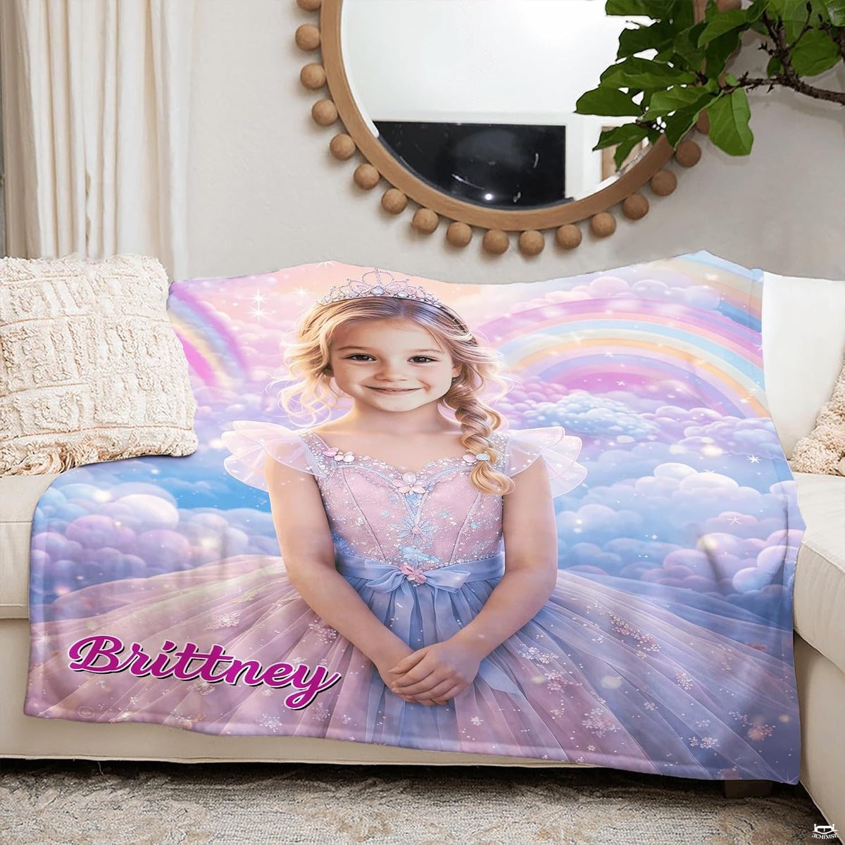 Lifestyle interior setting showing princess photo blanket in a bedroom.