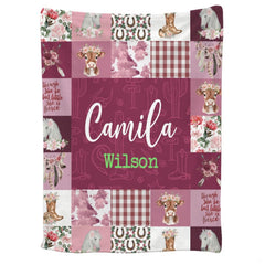 Overhead presentation of mauve cowgirl nursery graphic blanket