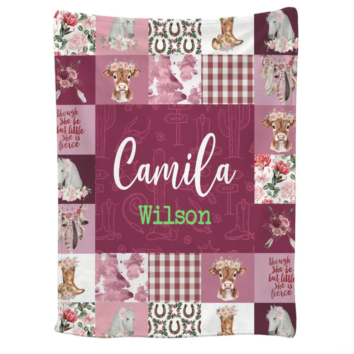 Overhead presentation of mauve cowgirl nursery graphic blanket
