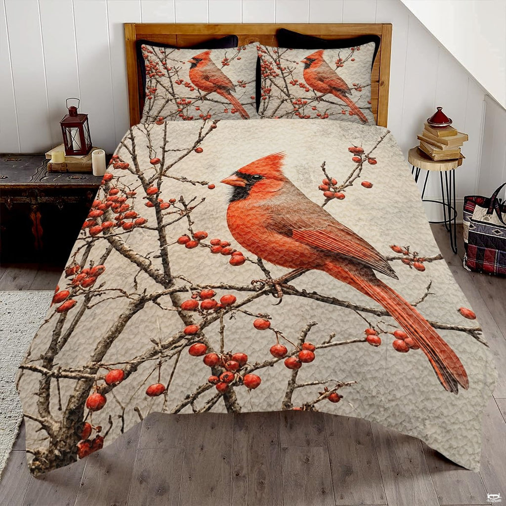 Red cardinal bird print bedding set on a bed with matching pillow shams in a bright bedroom.