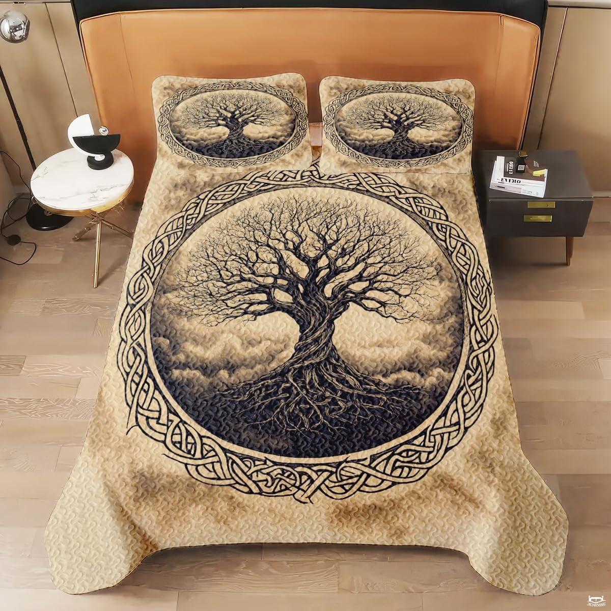 Roots and sprawling branches motif complementing vintage rustic bedroom ideas.