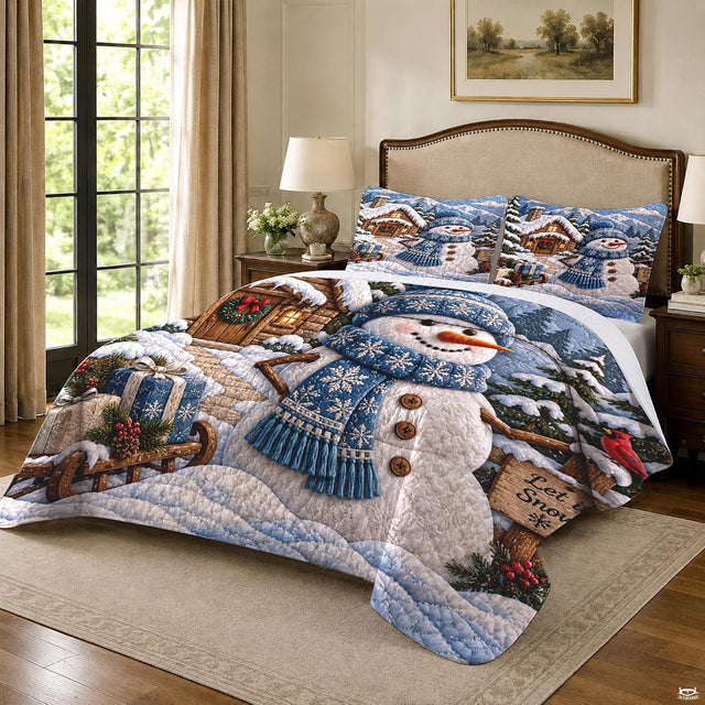 Scenic winter bedding artwork showcasing a smiling snowman, red cardinal, and snow-capped peaks.