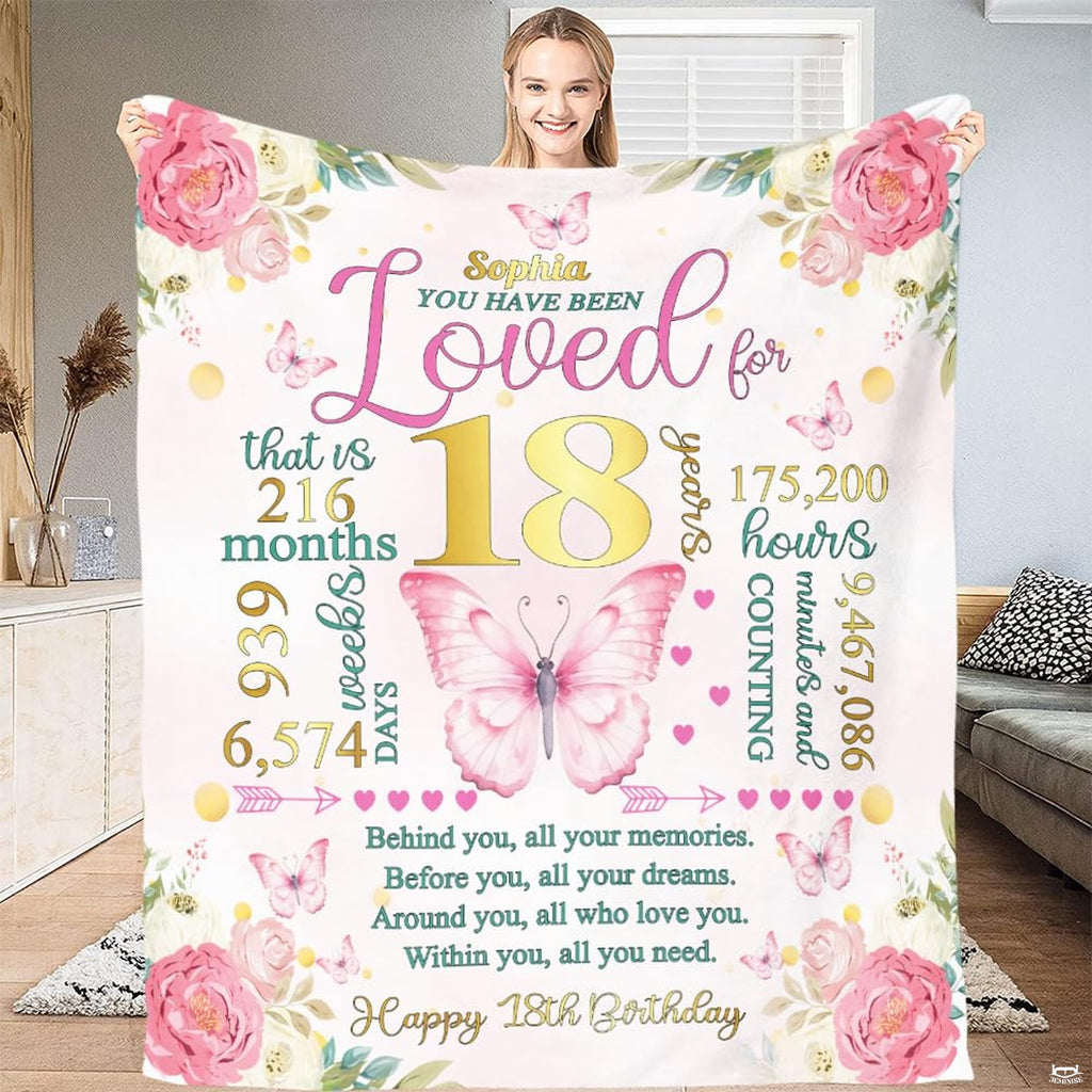 18th birthday floral butterfly milestone throw blanket with golden numbers, time countdown, and pink peonies