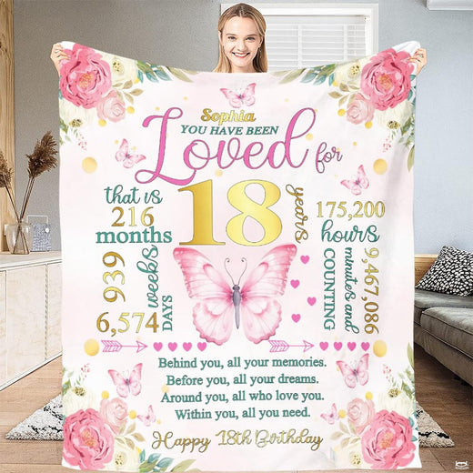 18th birthday floral butterfly milestone throw blanket with golden numbers, time countdown, and pink peonies