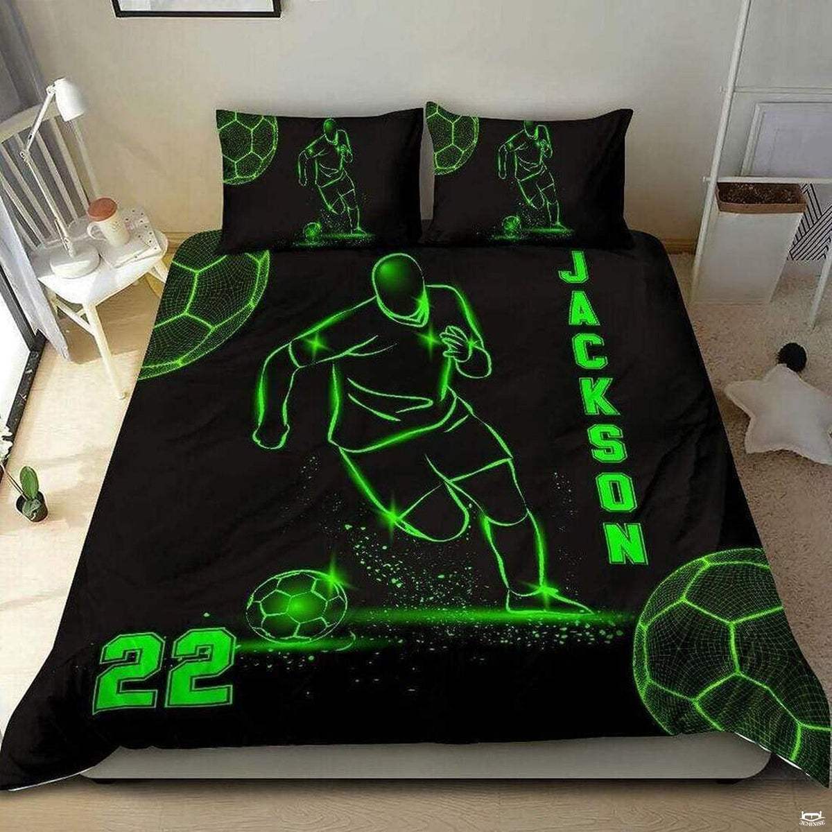 Dark pitch and sage green soccer cleats sports bedding featuring athletic soccer footwear and a ball on a bed