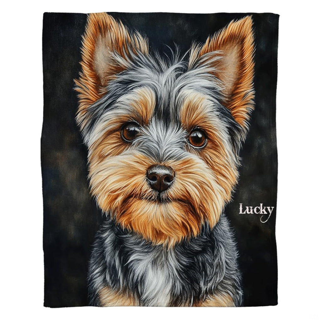 Yorkshire Terrier dog portrait throw blanket featuring lifelike canine artwork on a dark backdrop.