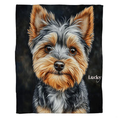 Yorkshire Terrier dog portrait throw blanket featuring lifelike canine artwork on a dark backdrop.