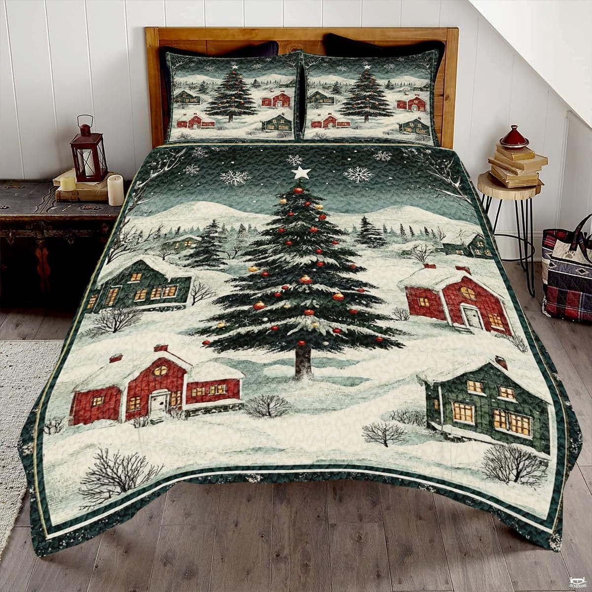 Festive winter village bedding set with a decorated Christmas tree and snowy cottages under midnight snowfall.