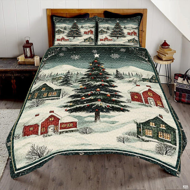Festive winter village bedding set with a decorated Christmas tree and snowy cottages under midnight snowfall.