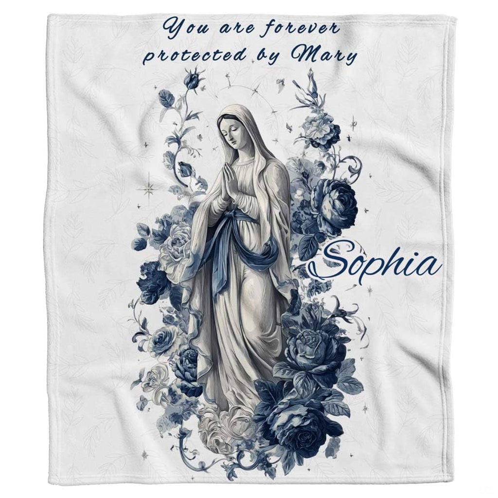 Full flat view of Catholic Blessed Mother throw blanket showing blue rose floral artwork.